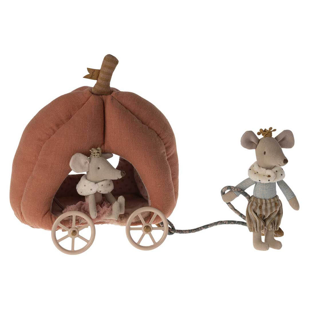 Maileg Pumpkin Carriage for Mice in orange plush with 4 white wheels, a striped stem, polka dotted interior, and floral string to pull; with Princess and Prince Mouse